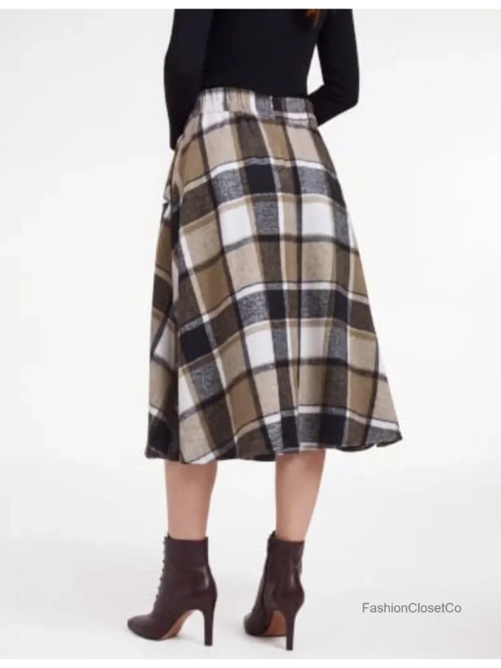 High Waisted Women Plaid Midi A-Line Fall Skirts with Pockets